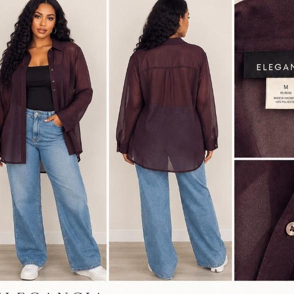 Elegancia Sheer Plum Button-Up Shirt – Size Medium
